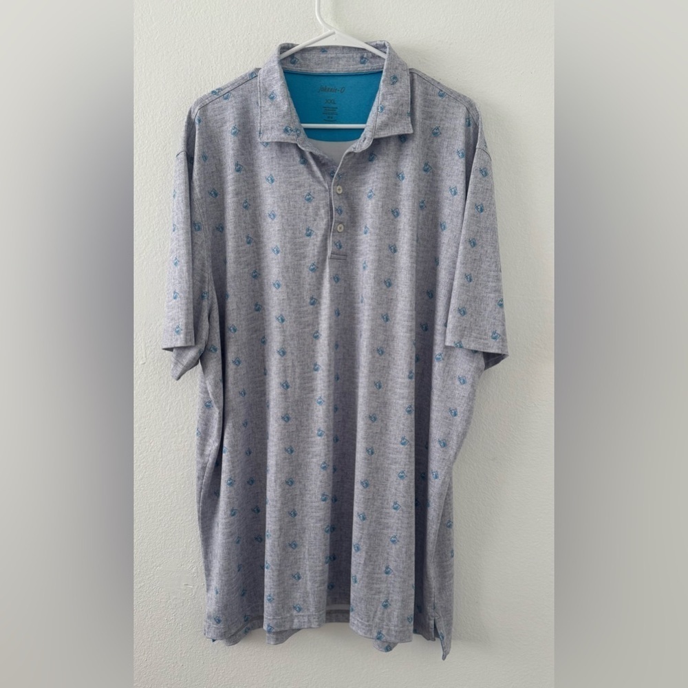 johnnie-O Seal Grey & Blue Cocktail Print Stretch Final Final Polo Size XXL